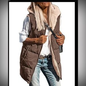 Pretty Garden NWT Women's Brown taupe Sherpa-Lined Long Puffer Vest medium cozy